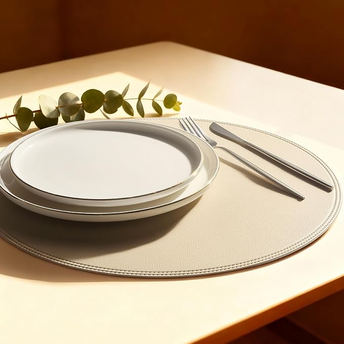 Round Vinyl Beige Placemats Set of 6, Faux Leather Waterproof Wipeable Heat by Rinpon