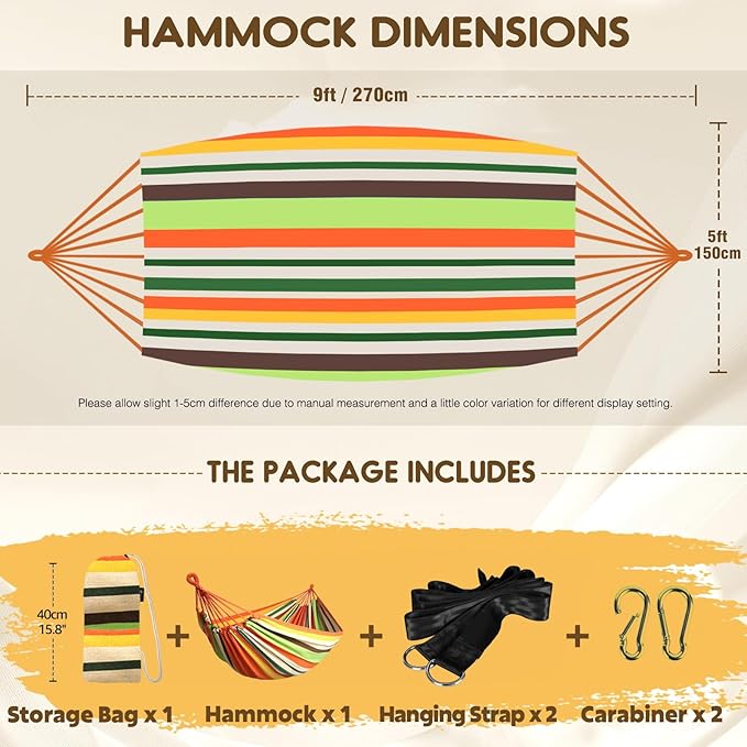 Camping Hammock in Orange Cotton with Anti-Rollover Design