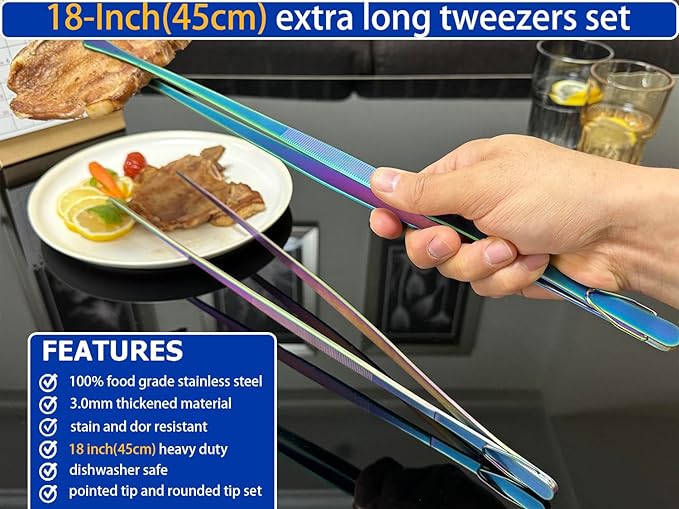 Tongs, 2-Pack 18 Inch Stainless Steel Grilling Tweezers, Rainbow