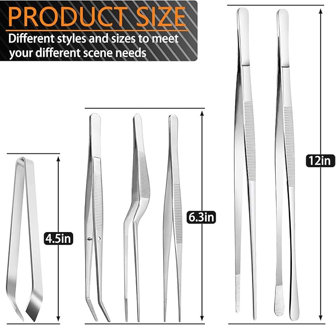 Tweezer Tongs Set, 6 Pieces, 12 and 6.3 Inch, Stainless Steel
