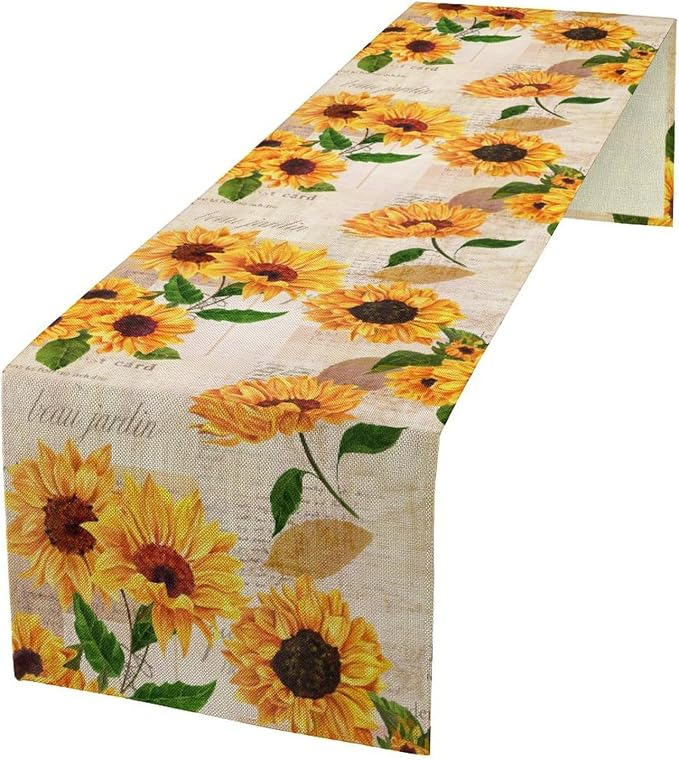 Sunflower Table Runner, Rustic Old Paper Seasonal Table Runner Farmhouse by Unknown