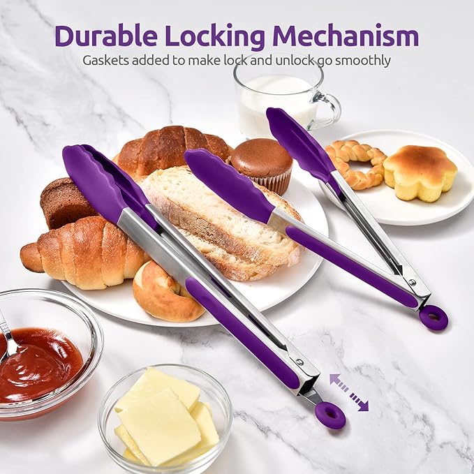 Tongs with Silicone Tips, Locking Stainless Steel, Purple