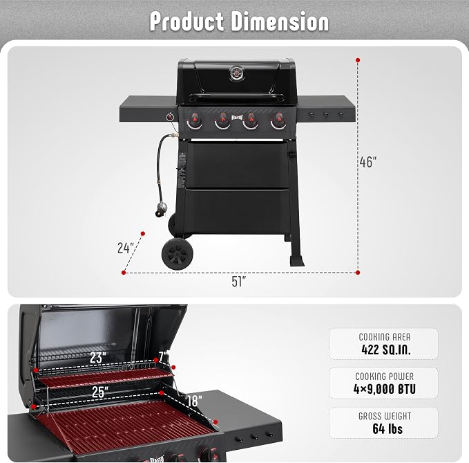 4 Burner Gas Grill, 000 BTU Outdoor BBQ Grill - Image 6