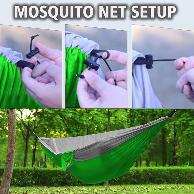 Double Nylon Hammock with Mosquito Net, Green and Grey