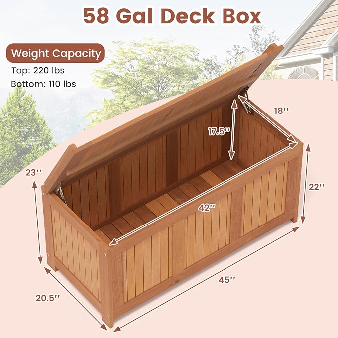 Tangkula 58 Gallon Wood Outdoor Storage Box, 3-in-1 Patio Storage Bench - Image 3