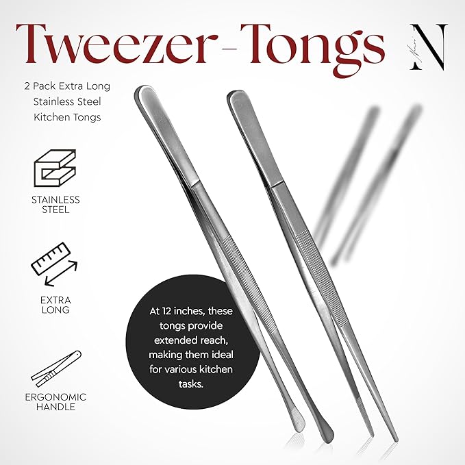 Tweezer Tongs, 12-Inch Stainless Steel with Fine and Wide Tips