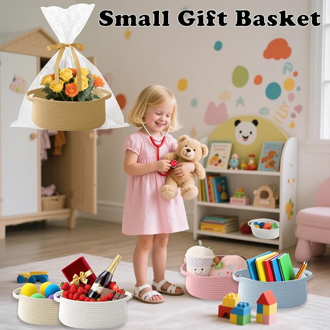 Gift Basket with Gift Bag and Ribbons, Small Rope Woven Shelf Storage, Baskets - Image 4