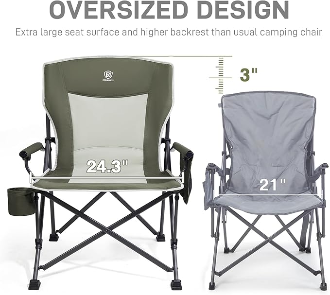 Camp Chair, Large Green Steel Frame with Swivel Cup Holder