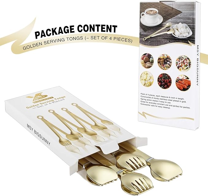 Tongs Set of 4 - Gold Plated Stainless Steel, 15.2 cm Mini