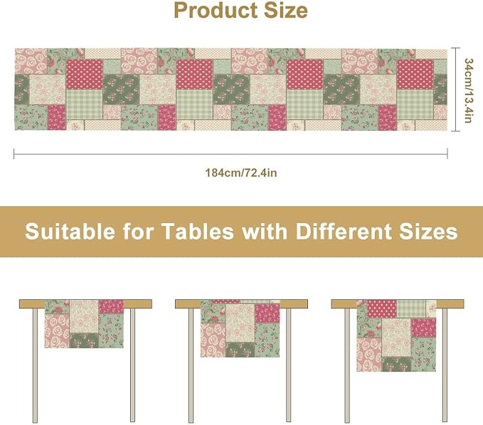 Patchwork Flowers Table Runner, Boho Plaid Floral Retro Romantic Rose Plants - Image 7
