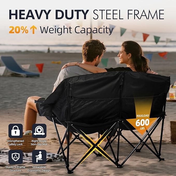 Camping Chair Loveseat for Two in Black and Grey with Metal Frame