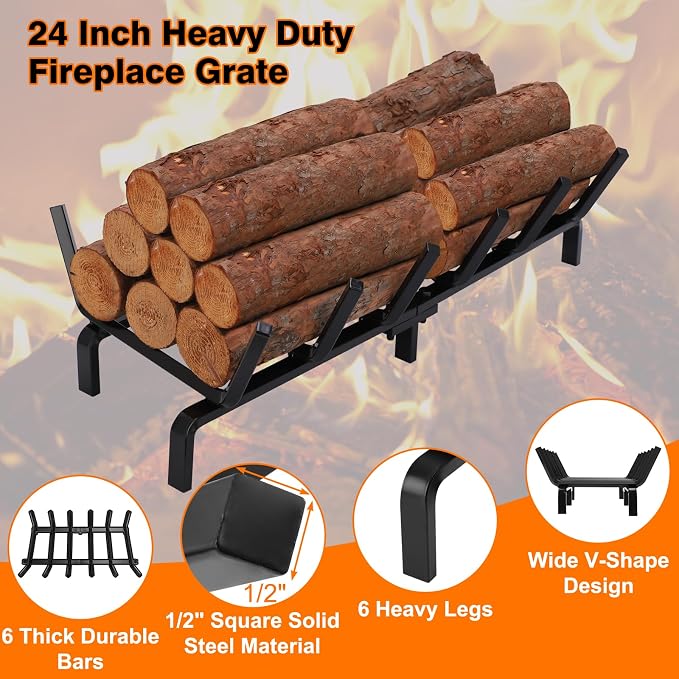 FEED GARDEN Fireplace Grate 24 inch Heavy Duty Fireplace Log Holder, 1/2" Solid - Image 2
