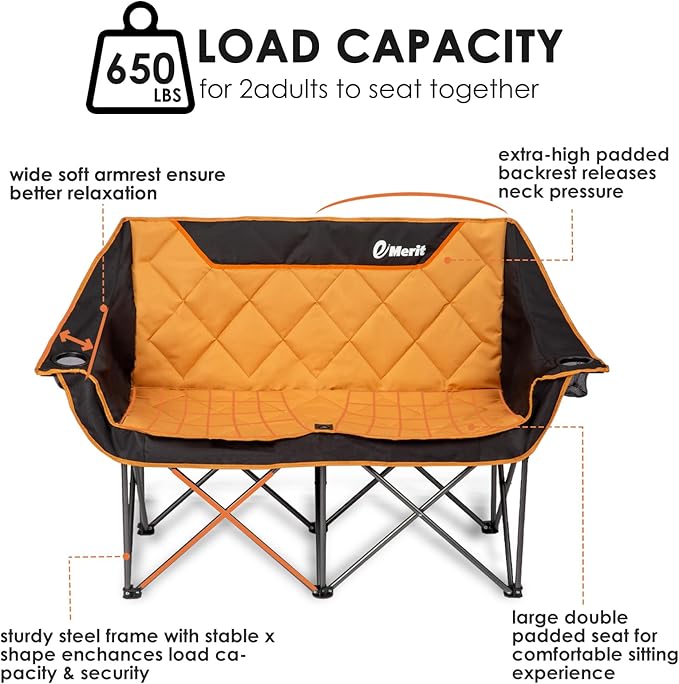 Folding Loveseat Camp Chair, Orange, 2-Seat, 650 lb Limit