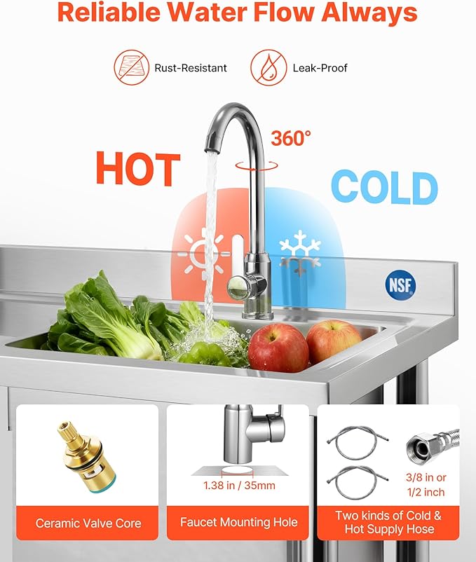 VEVOR Stainless Steel Utility Sink, Rolling Single Bowl Commercial Kitchen Sink - Image 4