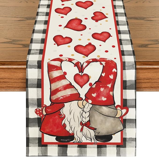 Artoid Mode Watercolor Hearts Gnomes Love Table Runner, Seasonal Anniversary by ArtoidMode