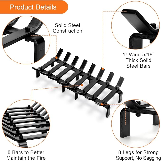 20" Fireplace Grate Wood Stove Grate Rack Stove Burning Rack Heavy Duty Solid - Image 6