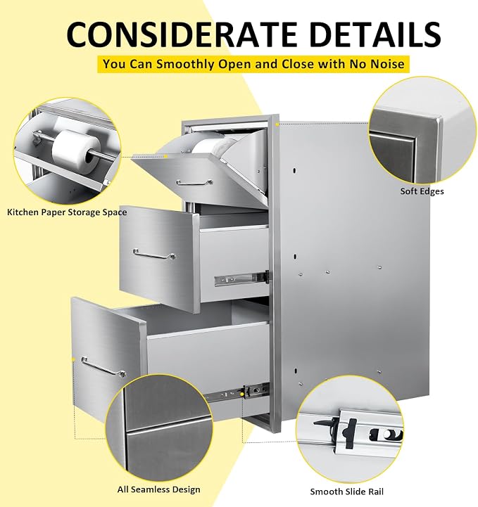 Outdoor Kitchen Drawers with Paper Towel Holder 17" W x 30"H Flush Mount BBQ - Image 4