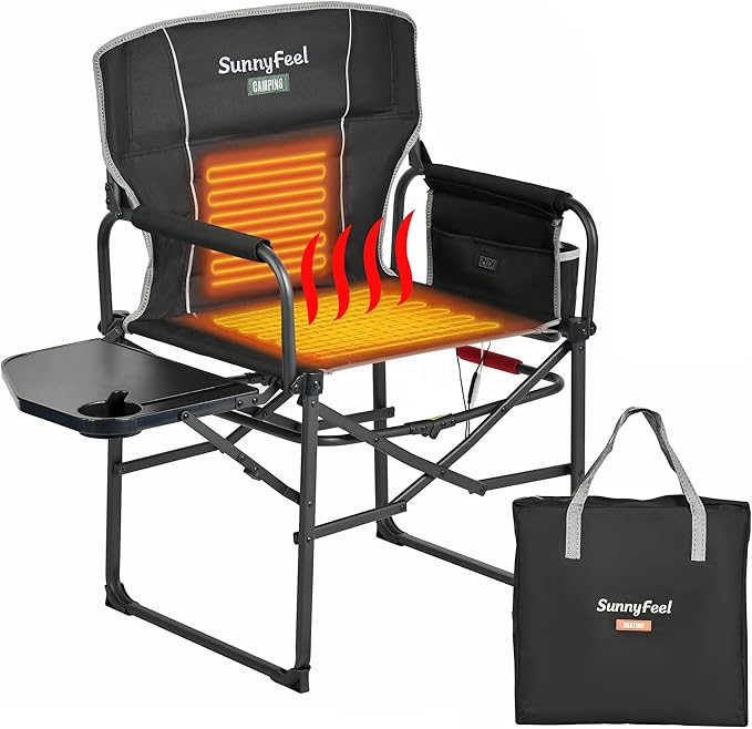 Camping Chair with Heated Seat, Side Table and Storage Pockets, Black