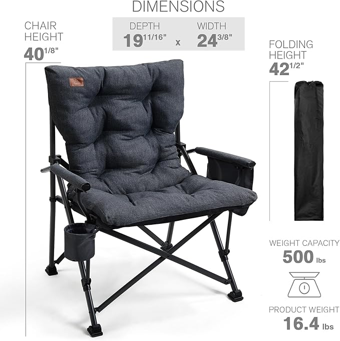 Oversized Padded Folding Camping Chair with Steel Frame, 500 lb Capacity, Black