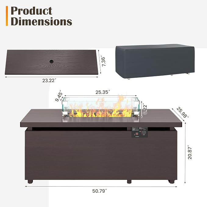 Sundale Outdoor 51 Inch Outdoor Fire Pit Table, 000BTU Rectangle Propane Fire - Image 8