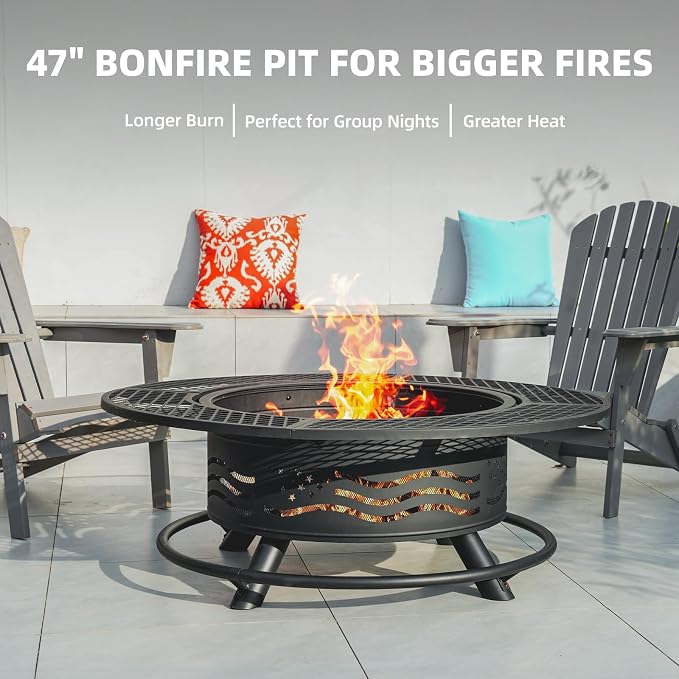 47 Inch Fire Pit with 2 Cooking Grates, Outdoor Wood Burning BBQ Grill Firepit - Image 3