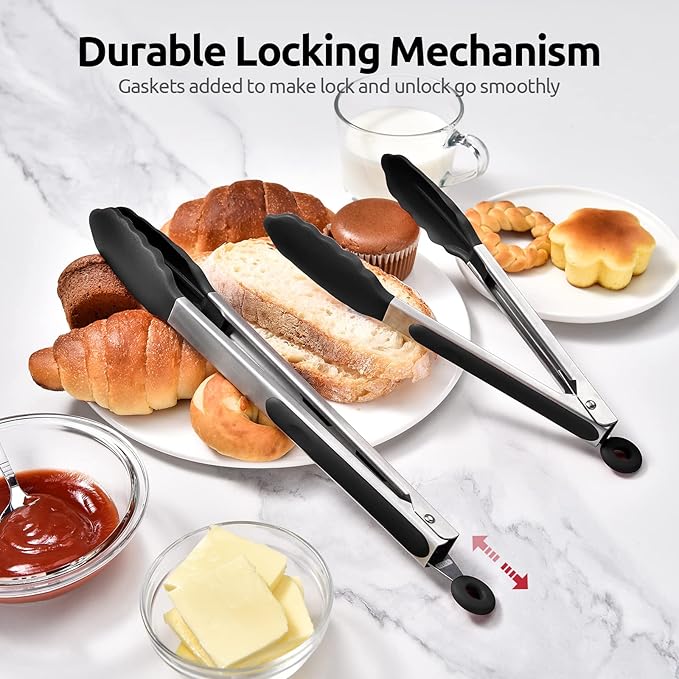 Kitchen Tongs with Silicone Tips, Locking, 12-Inch Black