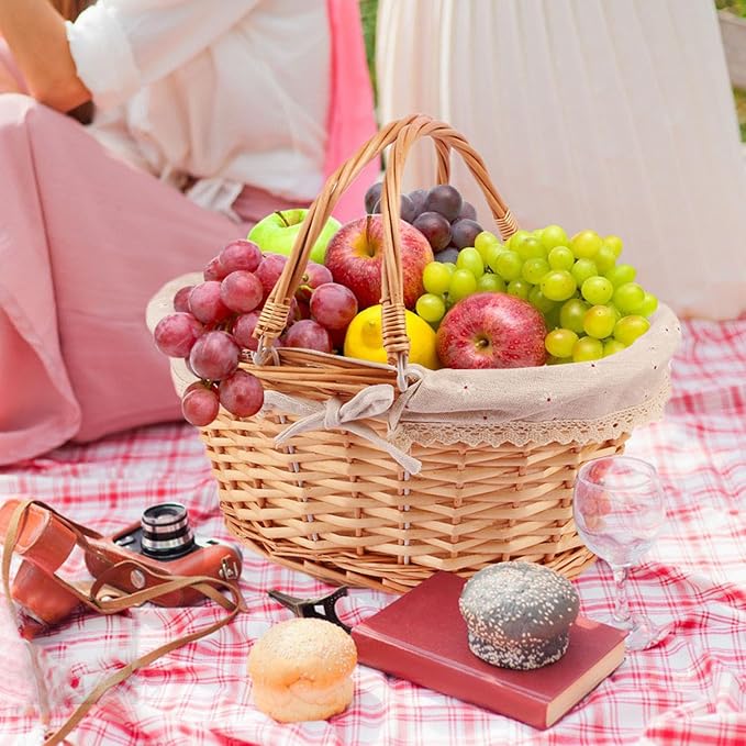 Natural Wicker Basket with Linen Lining, 14 Inch Large Wicker Woven Picnic - Image 5