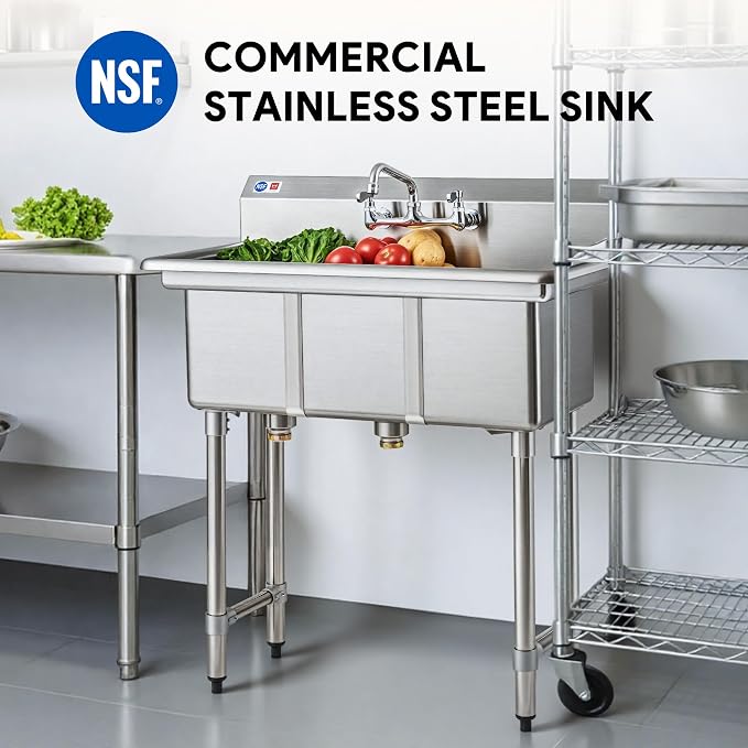 WILPREP 3-Compartment Sink, Freestanding Triple Bowl Utility Sink, Work Station - Image 2