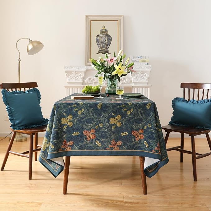 patdrea Designer Vintage Dark Blue Linen Rectangle Tablecloth, French Rustic - Image 3