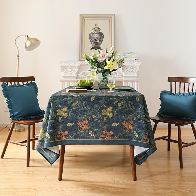 patdrea Designer Dark Blue Linen Square Tablecloth, Vintage French Rustic - Image 3