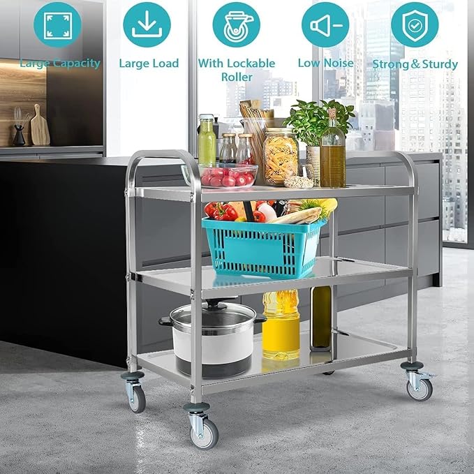 tonchean Extra Large 3 Tier Stainless Steel Cart 37.4 x 19.7 x 37.4 Inch - Image 2