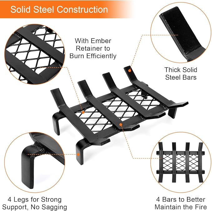 13" Fireplace Grate with Ember Retainer, Wood Stove Grate Rack, Heavy Duty - Image 7
