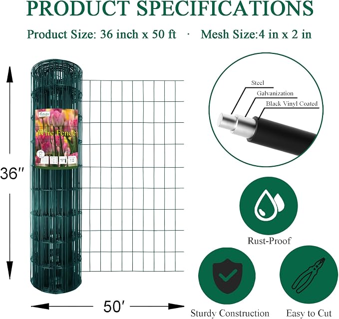 Green PVC Coated Welded Wire Fence 36 Inch x 50 Foot, 2 Inch x 4 Inch 14GA - Image 3