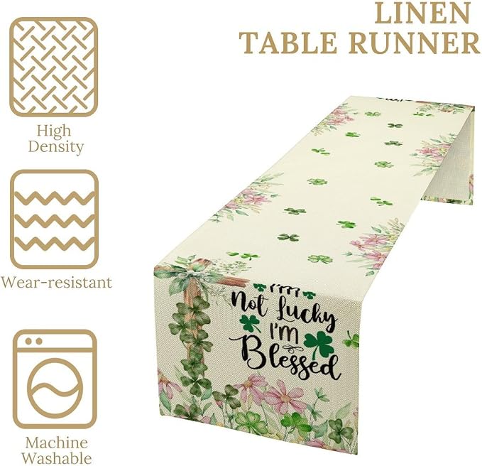 Cross Clover Table Runner, Rustic Beige Pink Floral Green Shamrock St.Patrick's - Image 4