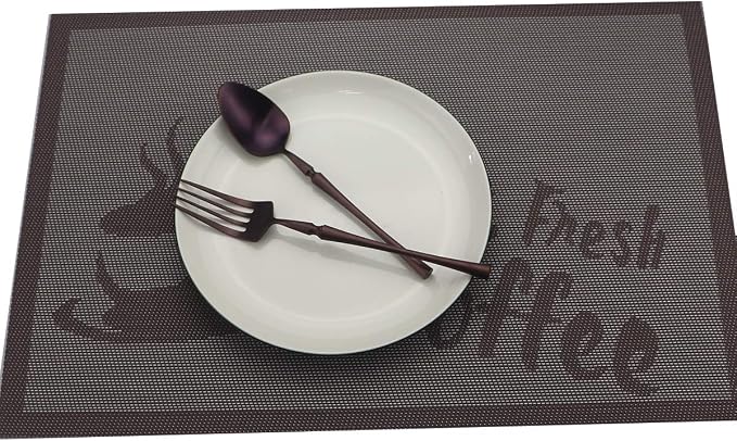 Gugrida Placemats Set of 6 Plaid Checkered Coffee Heat-Resistant Anti-Skid PVC - Image 7