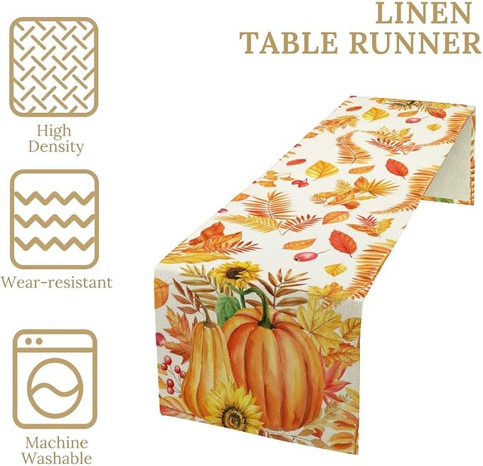 Fall Pumpkin Table Runner, Rustic Autumn Harvest Thanksgiving Sunflower Leaves - Image 3