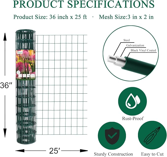 Green PVC Coated Welded Wire Fence 36 Inch x 25 Foot, 2 Inch x 3 Inch 16GA - Image 3