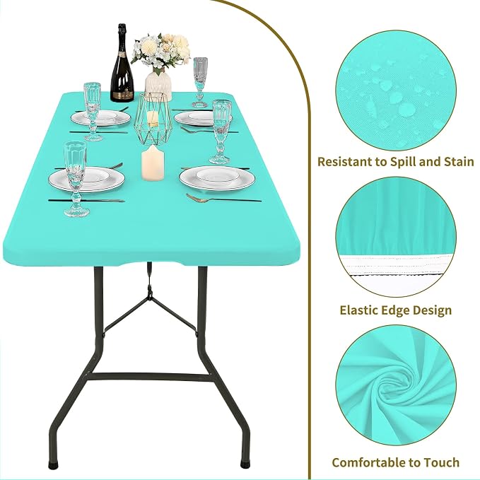 10 Pack Fitted Tablecloth for 6 Foot Rectangle Tables, Aqua Blue Elastic - Image 3