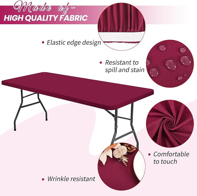 6 Pack Stretch Fabric Table Top Cap Cover, Wine Red Table Covers fits 8Ft Tables - Image 3