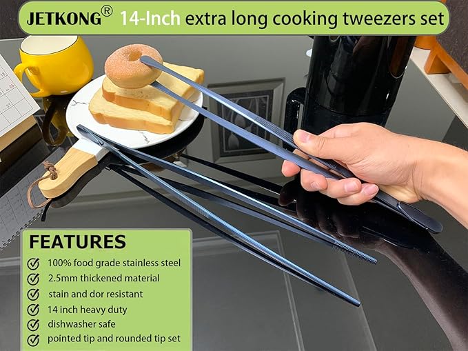 Tongs 14-Inch Stainless Steel Cooking Tweezers, Navy Blue, 2-Pack