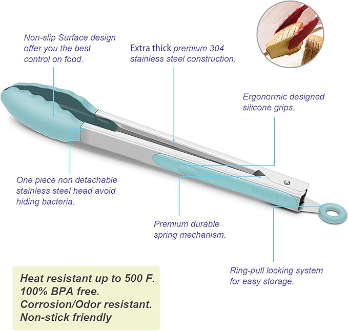 Tongs 4-Pack in Aqua Sky with Locking Clip and Non-Slip Grip