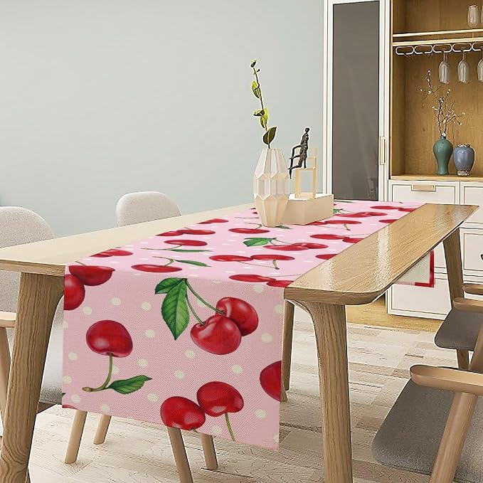 Red Cherry Table Runner, Tropical Fruit Polka Dot Print Table Runner - Image 3