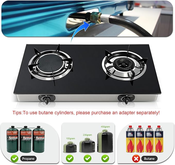 2 Burner Propane Gas Stove, 20472 BTU/h Portable Tempered Glass Camping Stove - Image 7