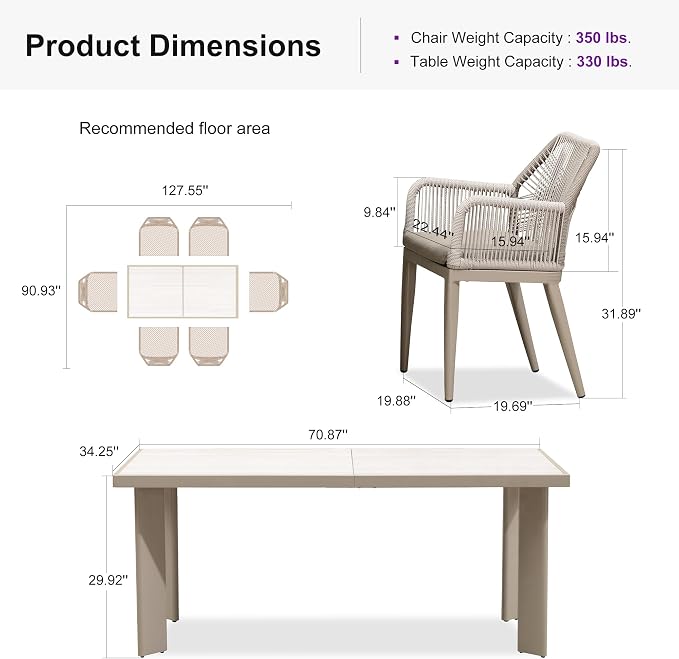 PURPLE LEAF 7 Pieces Patio Dining Set Aluminum Modern Rectangular Table and - Image 9