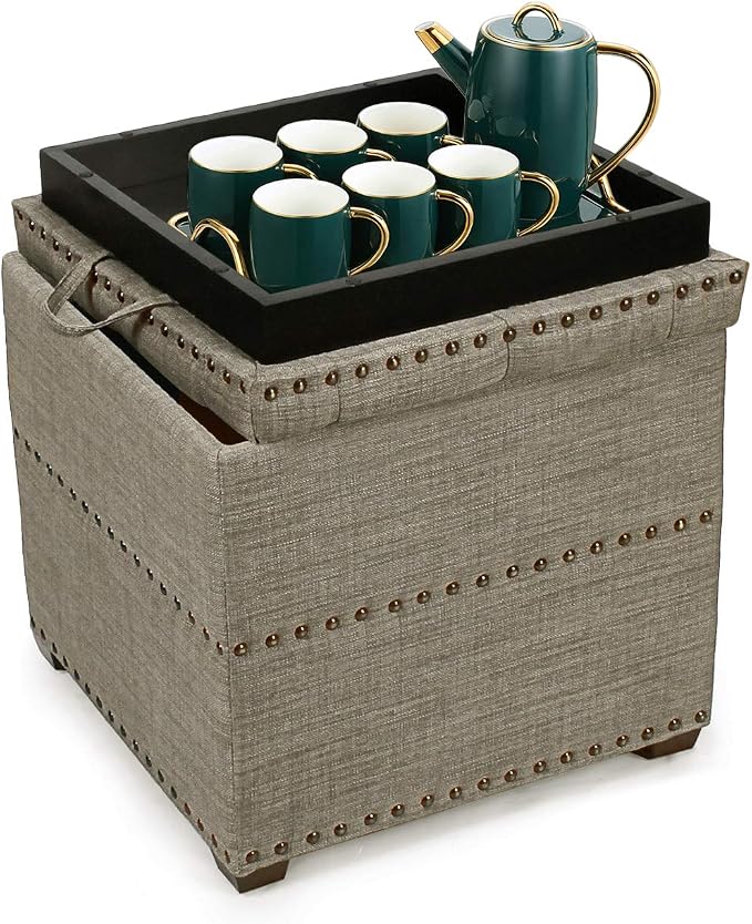 Adeco 18 Inch High Cube Ottoman Storage, Linen Grey Chair Foot Stools - Image 8
