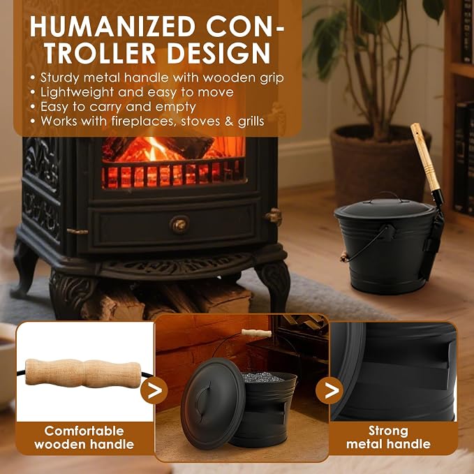1.5 Gallon Ash Bucket with Lid and Shovel Broom Metal, Fireplace Ash Bucket - Image 7