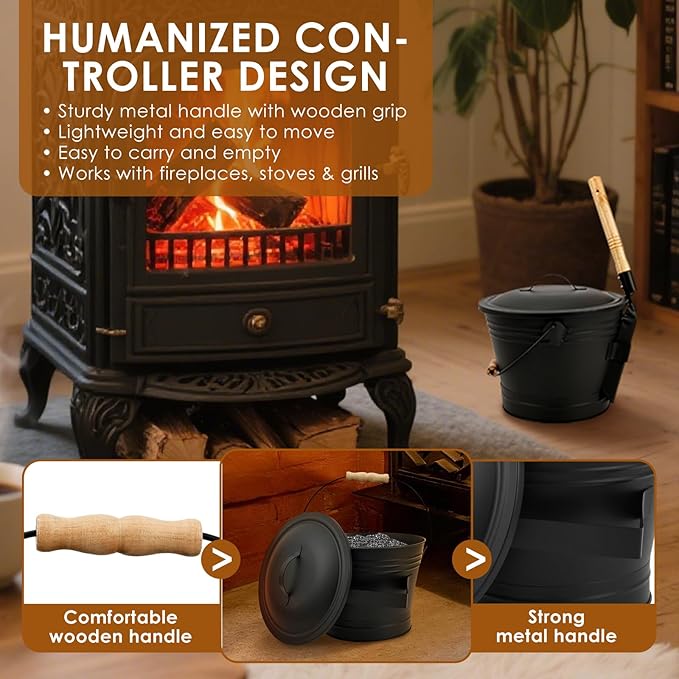1.5 Gallon Ash Bucket with Lid and Shovel Broom Metal, Fireplace Ash Bucket - Image 4