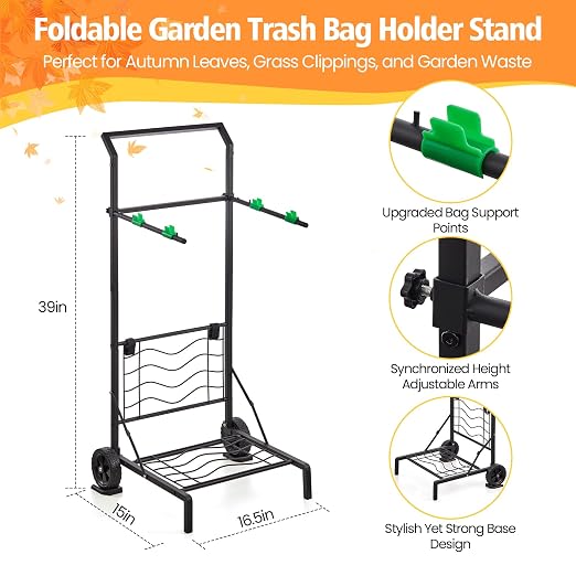 Foldable Leaf Bag Holder, Mobile Trash Bag Holder Stand - Image 2
