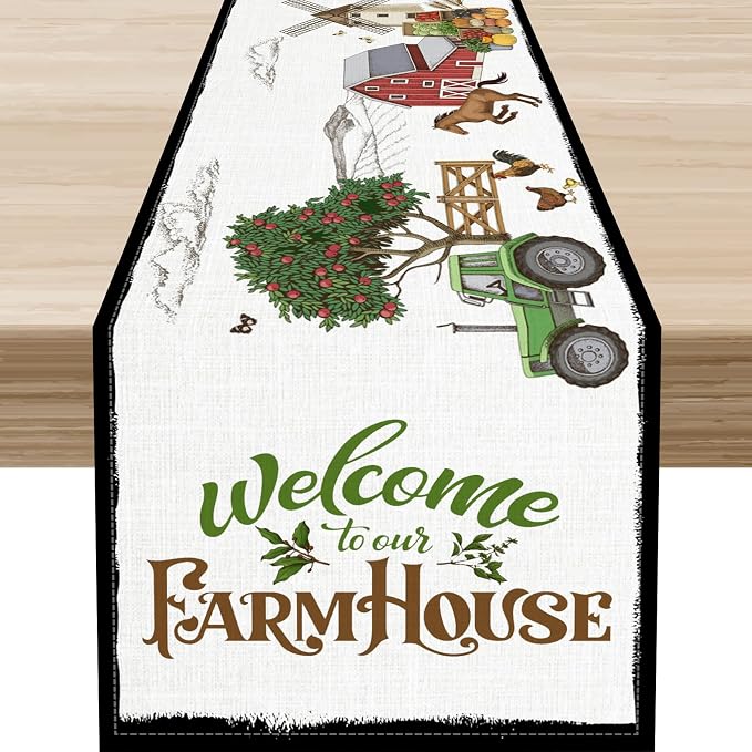 Farmhouse Horse Table Runner, Rustic Rooster Truck Tree Butterfly Animals by Unknown