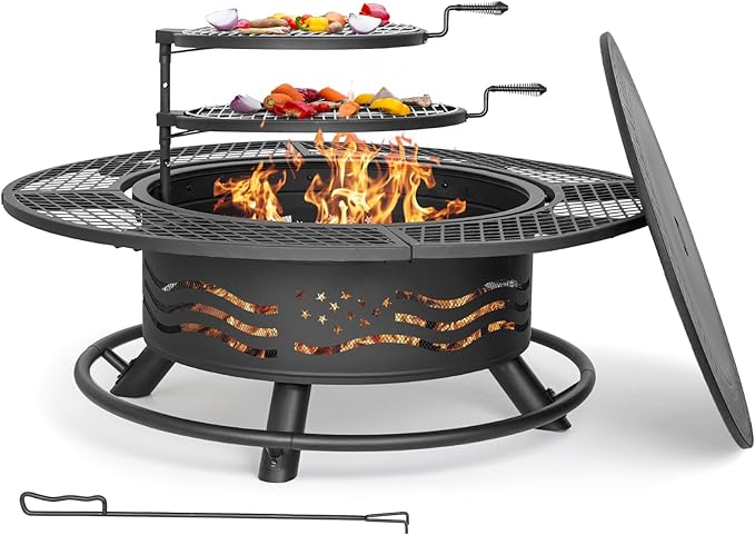 47 Inch Fire Pit with 2 Cooking Grates, Outdoor Wood Burning BBQ Grill Firepit - Image 8